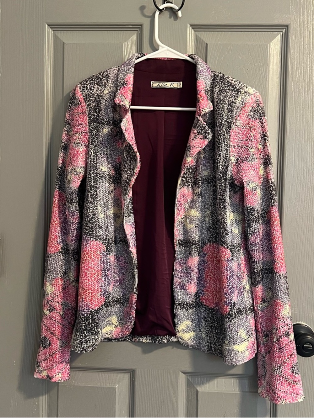 Chloe K Pink Floral Sequined Open-Front Blazer